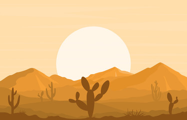 Day in Vast Desert Rock Hill Mountain with Cactus Horizon Landscape Illustration