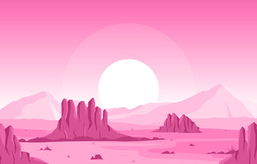 Day in Vast Western American Desert with Cactus Horizon Landscape Illustration