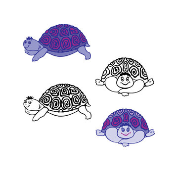  Funny turtles isolated on white background. Freehand sketch for adult anti stress coloring page with doodle elements. Can be used for children's books, t-shirts, design of children's rooms and other 