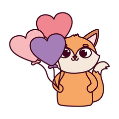 happy valentines day, cute fox with balloons shaped hearts love