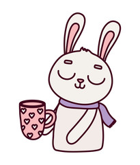 happy valentines day, cute bunny with coffee cup with hearts