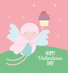 happy valentines day, cute cupid with sweet cupcake