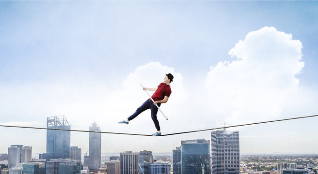 Brave ropewalker on cable. Mixed media