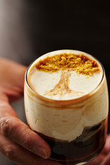 Coffee dessert, tree design on cream 
