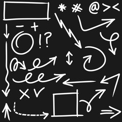 hand drawn arrows vector with doodle style isolated on black background for business element or decorative design.