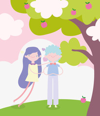 happy valentines day, cute young man with little cupid field tree fruits