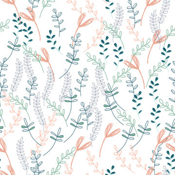 Trendy outline native foliage and leaves seamless pattern. Small and medium elements paradise flora leaves.Vector illustration.