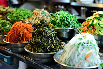 Several large bowls of fresh traditional Korean cooking ingredients, Seoul, South Korea