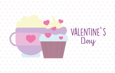 happy valentines day, coffee cup and sweet cupcake snack love hearts