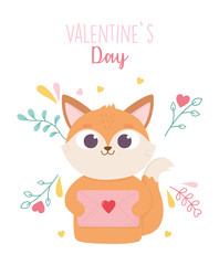 happy valentines day, cute fox with envelope letter flowers foliage