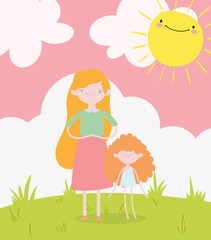 happy valentines day, cute young woman and little female cupid in the grass sun