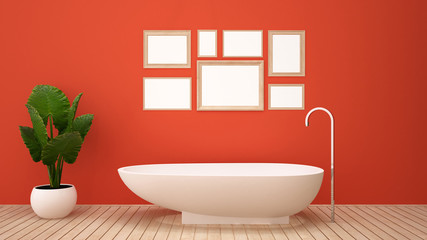 Fototapeta na wymiar Bathroom orange color wall design in hotel or home. Tomato red color wall traditional style for bathroom artwork. 3D Illustration