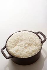 Cooked rice in pot, studio shot 