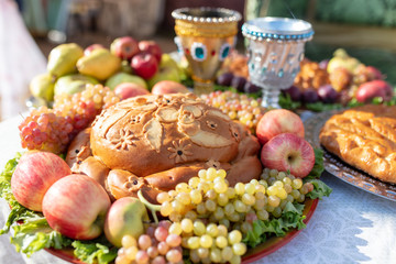 Pies with fruits on the festive table