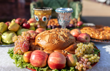 Pies with fruits on the festive table