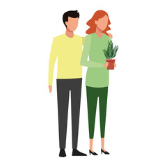 avatar couple standing holding a plant pot, colorful design