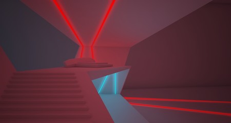 Abstract architectural white interior of a minimalist house with colored neon lighting. 3D illustration and rendering.