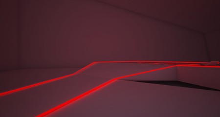 Abstract architectural white interior of a minimalist house with colored neon lighting. 3D illustration and rendering.