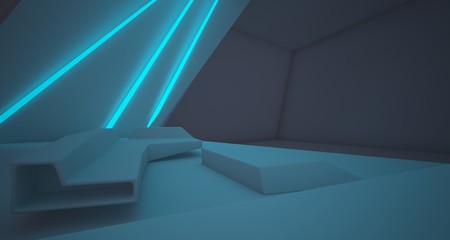 Abstract architectural white interior of a minimalist house with colored neon lighting. 3D illustration and rendering.