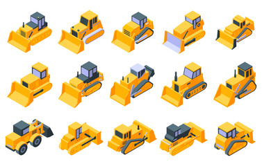 Bulldozer icons set. Isometric set of bulldozer vector icons for web design isolated on white background