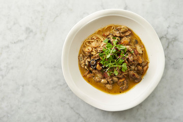 Oyster and garlic spaghetti studio shot 