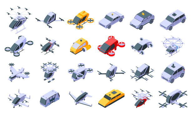 Unmanned taxi icons set. Isometric set of unmanned taxi vector icons for web design isolated on white background