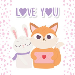 Obraz na płótnie Canvas happy valentines day, cute fox with envelope letter and rabbit hearts decoration