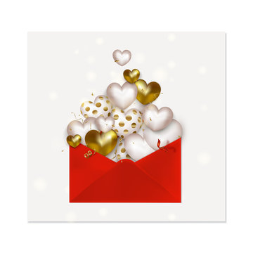 Happy Valentines day greeting card. Love letter icon with  cute golden 3d hearts, flying confetti, serpentine. Vector.