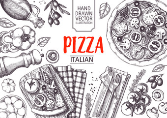 Italian cuisine top view frame. Italian food menu design. Vintage hand drawn sketch vector illustration