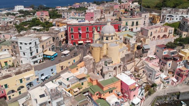 Aerial of the small traditional Mediterranean island village of Procida in the Golf of Naples, Italy