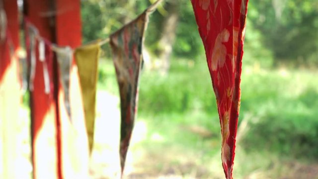 Small decorative flags on a line on a country house in Halmstad, Sweden