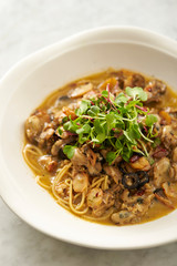 Oyster and garlic spaghetti studio shot 