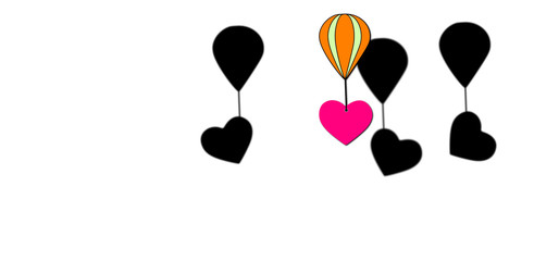 Flight on strong contrasts between color and shadows. Group of hearts flying in a hot air balloon. Illustration on light background. Feelings in the air.