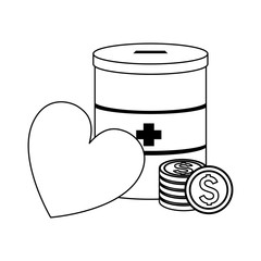 donation tin, heart and coins, flat design
