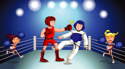 Background scene with athletes fighting in the ring