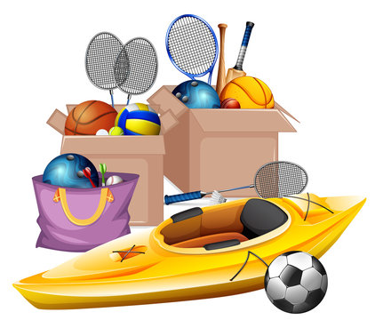 Boxes of sport equipments on white background