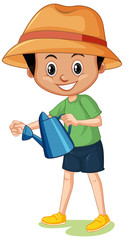 Cute boy with watering can on white background