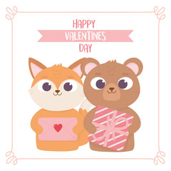 happy valentines day, cute fox and bear with gift and envelope love