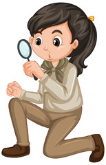 Girl in scout uniform with magnifying glass on white background