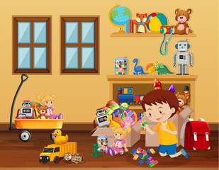 Fototapeta premium Scene with boy playing toys on the floor