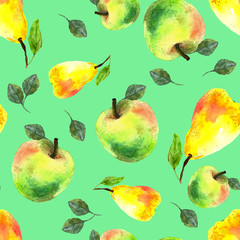 Watercolor set pattern with apples and pears on a green background
