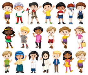 Large set of boys and girls doing different activity on white background