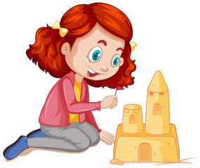 Girl making sandcastle on white background