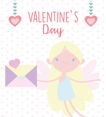 happy valentines day, cute cupid with envelope letter heart romantic dotted backrgound