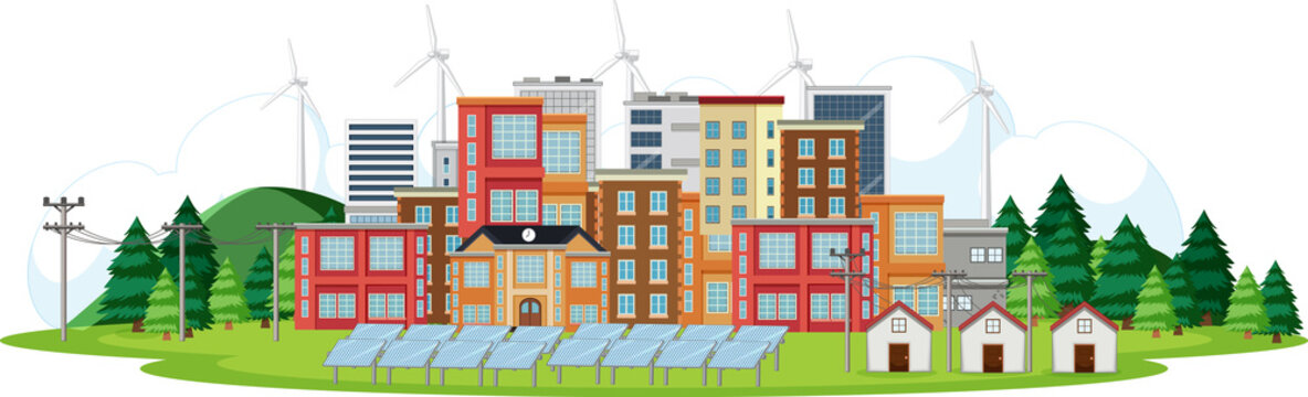 Scene with buildings with turbines and solar cell