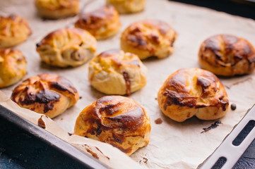 Close up Homemade sweet buns with salted caramel and nuts. Selective focus