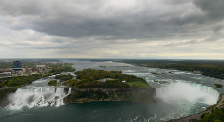 Niagara River flowing north from Lake Erie to Lake Ontario at the Niagara Falls with gray clouds