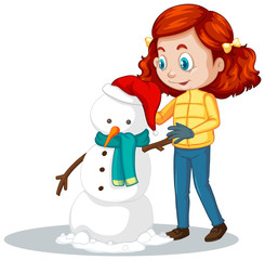 Girl making snowman on white background
