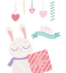 happy valentines day, cute bunny with striped gift box decoration hearts love