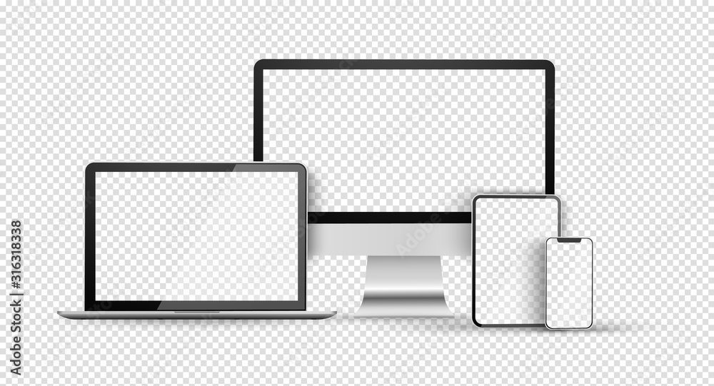 Fototapete Blank computer monitor, phone, tablet and laptop. Device set with empty screen. Realistic set of monitor, laptop tablet, smartphone on transparent background